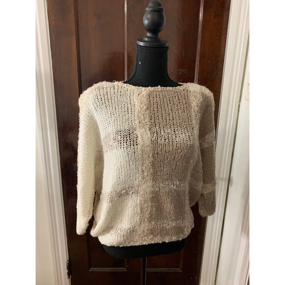 Vintage 90s Side Effects Hand Knit Acrylic Sweater White Beige Checked MEDIUM - Picture 2 of 13